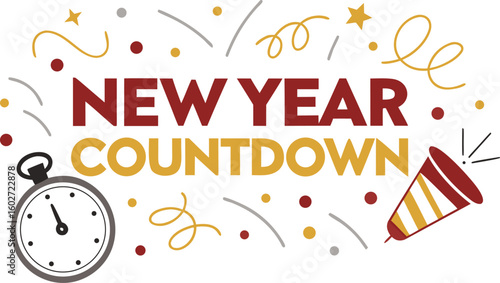 Celebrate the new year countdown with festive decorations including a pocket watch party popper confetti and swirls