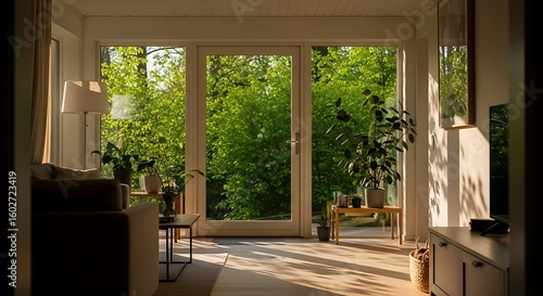 Serene living area with nature view, indoor plants, warm sunlight, and minimalist decor creating a peaceful and inviting ambiance.