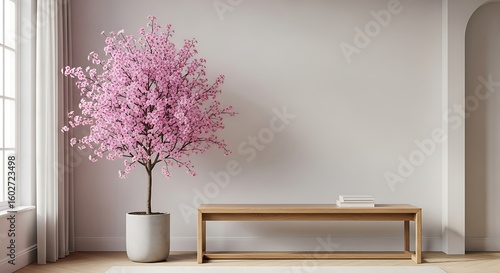 Minimalist Interior Design Featuring Flowering Tree, Wooden Bench, and Soft Lighting, Promoting Tranquility and Natural Elements.