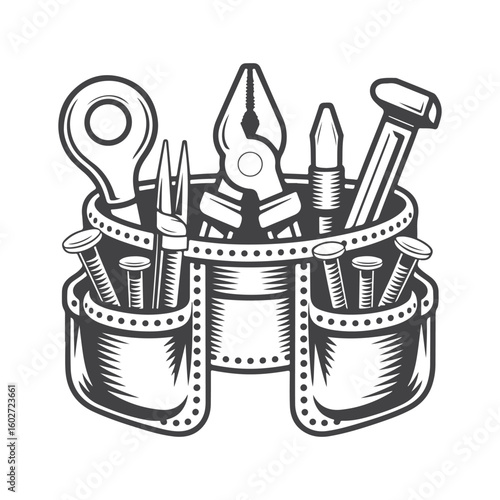 Tool belt with hammer pliers wrench nails and awl vector