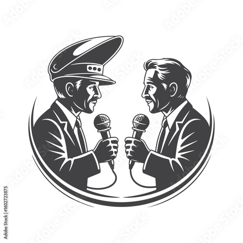Two men talking into microphones wearing suits and hats vector