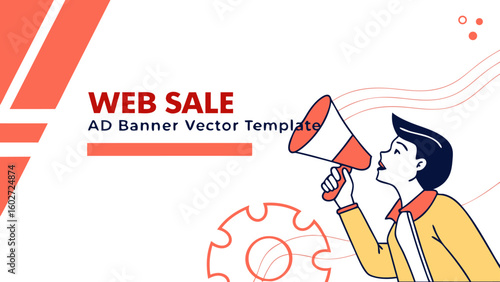 Announce your web sale with this dynamic vector ad banner template featuring a person using a megaphone and graphic elements