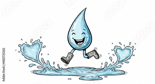 Happy water drop jumping in a puddle with rain boots on feet