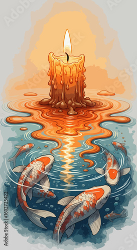 A candle reflecting on water surrounded by koi fish art
