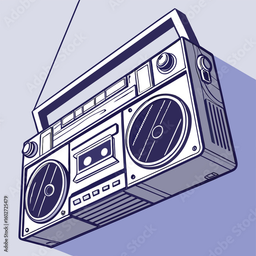 Illustration of a retro boombox with handle, speakers, cassette player, and antenna on a purple background