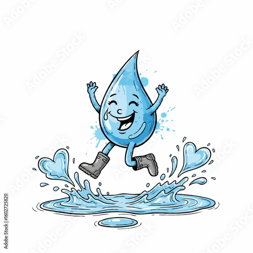 Happy water droplet jumping in a puddle with heart splashes