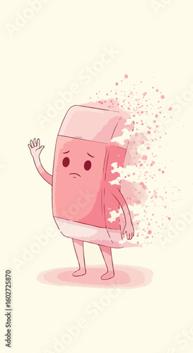 Sad eraser character waving goodbye as it fades away slowly