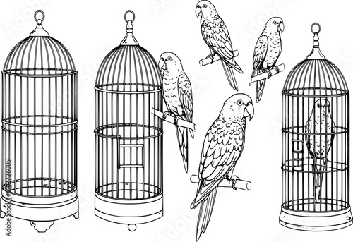 vector sketch parrot sits in a cage on a white background .Generative AI
