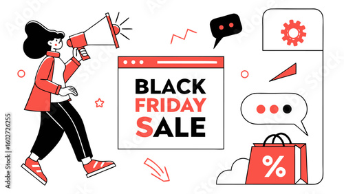 Woman with megaphone announcing black friday sale with shopping bag and chat bubbles illustrating online shopping promotions