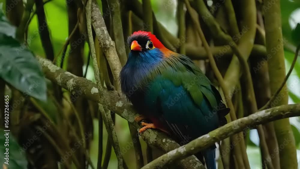 Colorful bird perched on a branch in a lush, green forest setting Colorful bird perched on a branch in a lush, green forest setting
