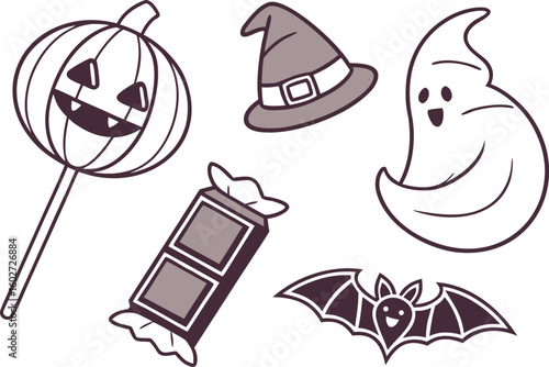 A charming collection of halloween icons featuring a grinning pumpkin lollipop a witch s hat a friendly ghost a candy bar and a cute bat