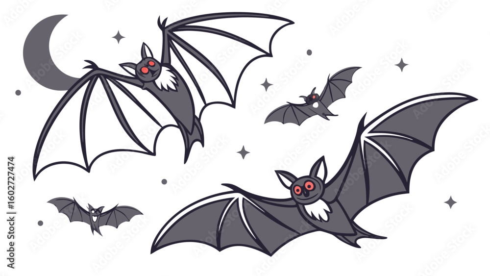 Fototapeta premium A whimsical illustration of four cartoon bats with glowing red eyes and outstretched wings flying under a crescent moon surrounded by sparkling stars