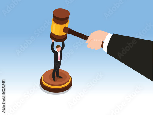 Legal Justice: Businessman Holding Up a Gavel 3d isometric vector illustration