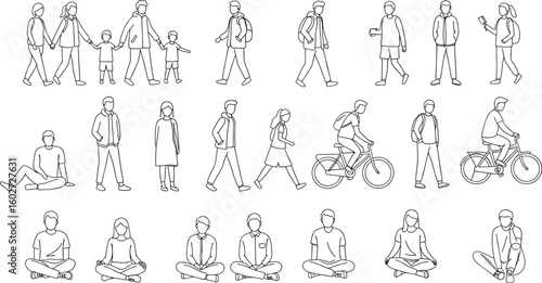 Set of students in casual outfits, line art characters, backpack people illustration, outline style design, youth group drawing collection