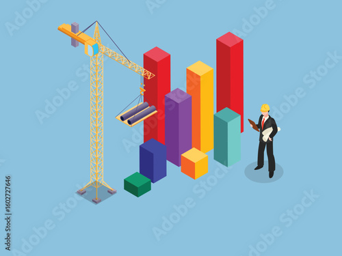 Business Growth and Data Construction with Crane and Bar Chart 3d isometric vector illustration