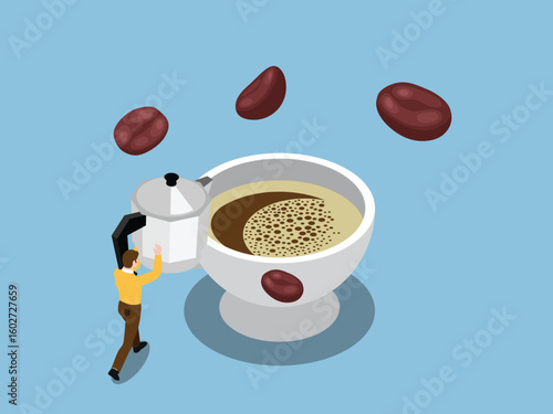 Coffee Brewing and Appreciation: Man with Moka Pot and Big Cup 3d isometric vector illustration