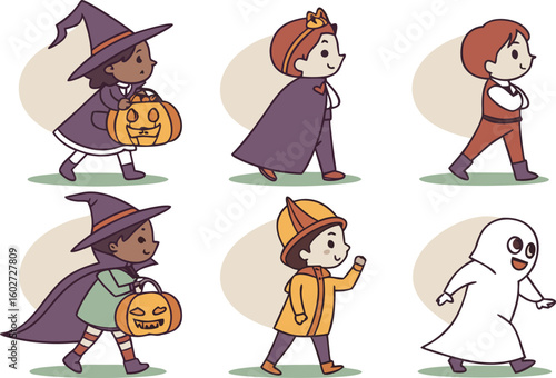 Adorable cartoon children dressed in various halloween costumes including witches a prince a firefighter and a ghost happily trick or treating together