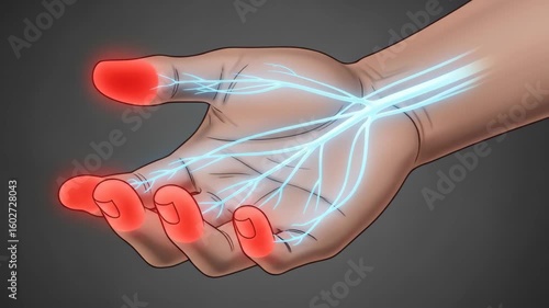 Animated Medical Illustration of Human Hand Demonstrating Nerve Pain with Glowing Blue Neural Pathways and Pulsing Red Fingertips