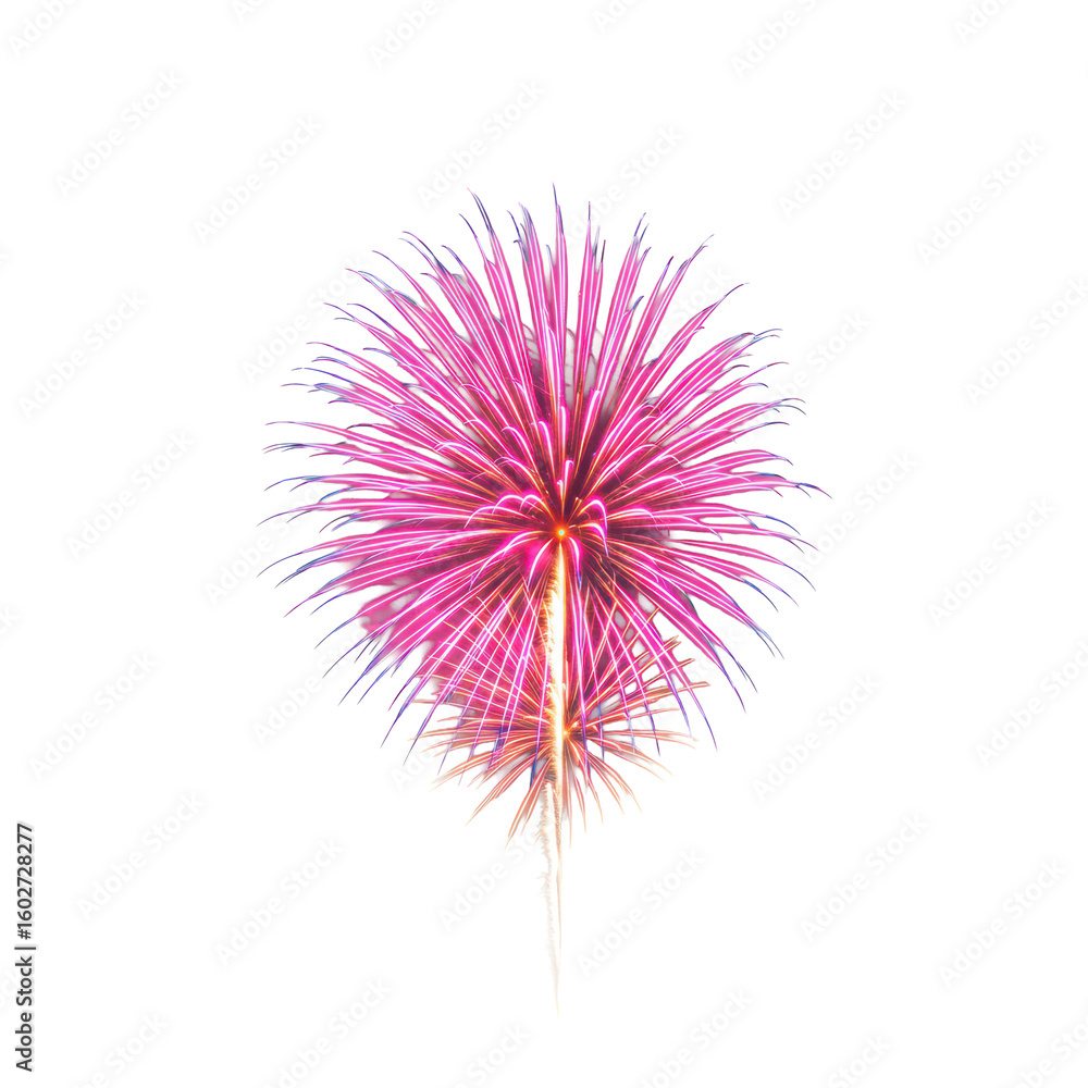 Fototapeta premium A singular, vibrant fireworks burst with swirling pink, electric blue, and fiery orange light streaks, clear contours, against a transparent background. Dynamic energy art concept