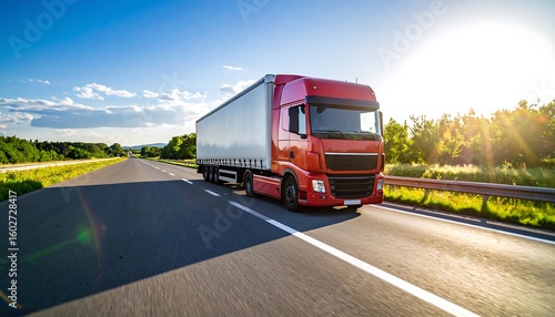 Red truck on highway under sunny sky