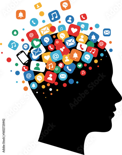 A metaphor for digital overload and information chaos. A person's head in profile, attacked by notification icons (emails, messages, calls), symbolizes stress and distracted attention.