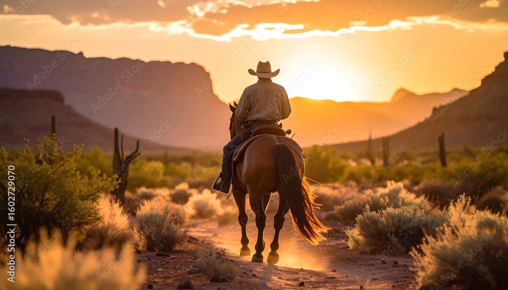 Naklejka premium Cowboy riding a horse at sunset in the desert