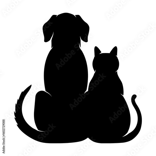 Vector illustration of sitting Dog and Cat silhouette on transparent background