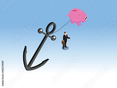 Financial Burden: Anchor Pulling Down Savings (Piggy Bank) 3d isometric vector illustration
