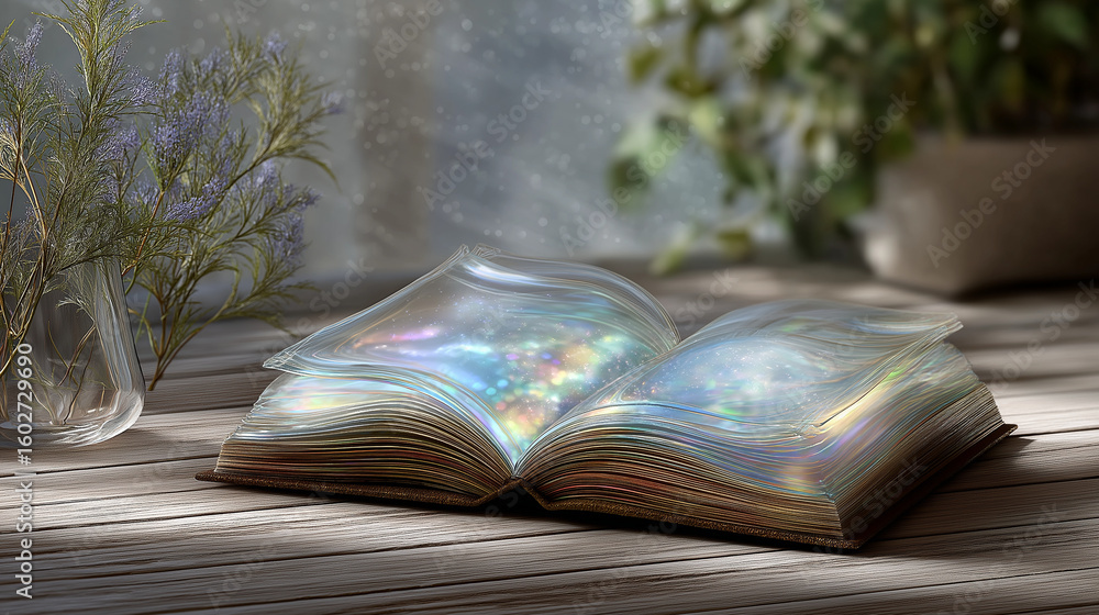 Fototapeta premium Holographic Glass Book with Rainbow Pages Illuminated by Sunlight
