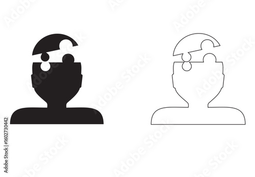 Human brain missing puzzle pieces. Brain function concept. Abstract human head profile. Vector illustration of Alzheimer's, trauma, autism, memory loss, dementia, epilepsy with doodles.