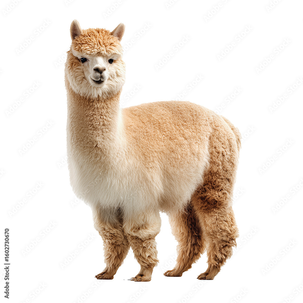 Obraz premium Charming Fluffy Alpaca Illustration with Expressive Face and Soft Wool, Ideal for Farm Animal Themes, Textile Industry Promotions, or Educational Content on South American Wildlife and Sustainable Agr