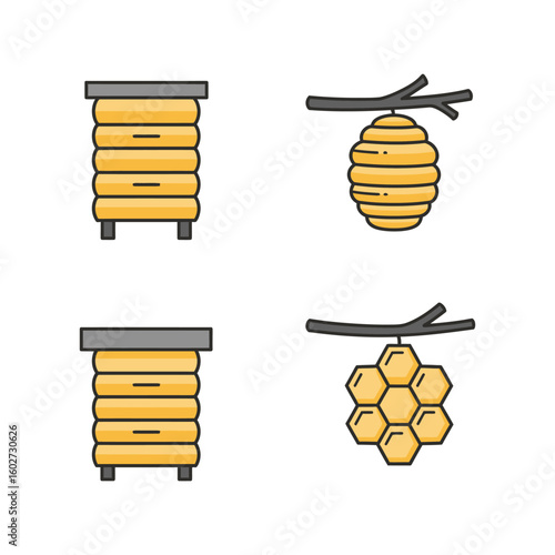 Colorful Beehive and Honeycomb Vector Icon Set: Beekeeping, Honey Production, Nature Symbol
