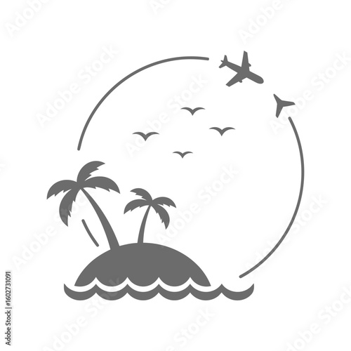 Tropical Island Flight Path Vector: Vacation, Travel, Holiday Destination Journey Icon