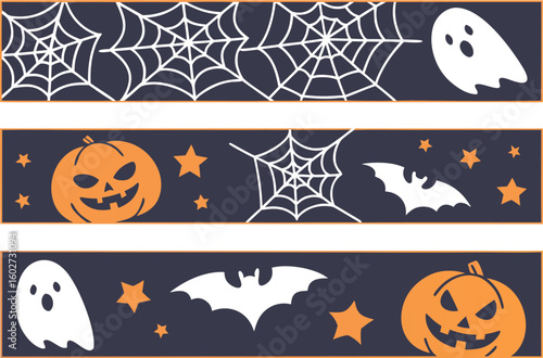 Festive halloween banners featuring spooky spiderwebs jack o lanterns ghosts bats and stars on a dark blue background