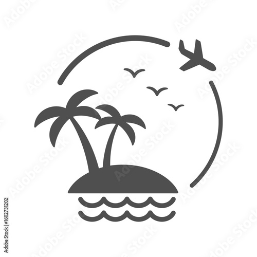 Tropical Island Flight Path Vector: Vacation, Travel, Holiday Destination Journey Icon
