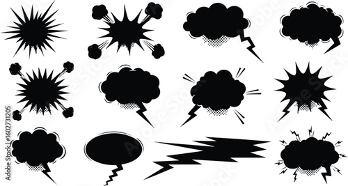 Collection of black comic book speech bubbles and explosion shapes isolated on transparent background