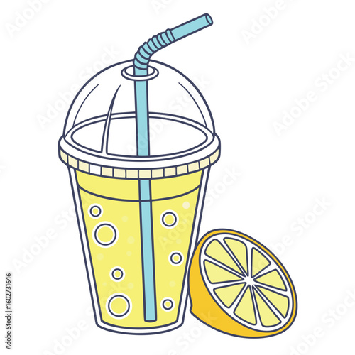 Lemonade inside a clear cup with a blue straw rests beside a lemon slice