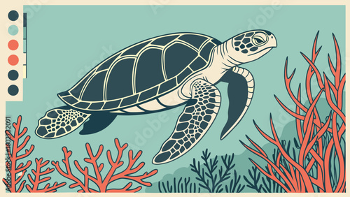 Illustration of a sea turtle swimming underwater with coral reefs and a color palette displayed