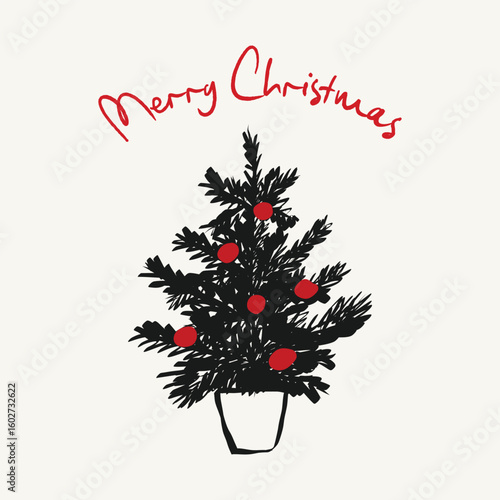 Whimsical chalk doodles of Christmas tree. Quirky greeting card in crayon style. Charcoal drawing for menus and invitations. La dolce vita vector illustration