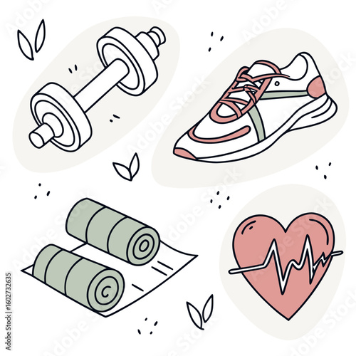 A collection of hand drawn fitness essentials including a dumbbell running shoe yoga mats and a heart with a cardiogram representing a healthy lifestyle
