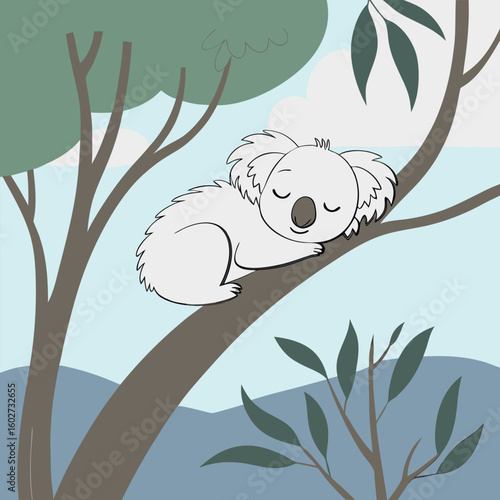 A cartoon koala sleeping peacefully on a tree branch with leaves and sky in the background scenery view
