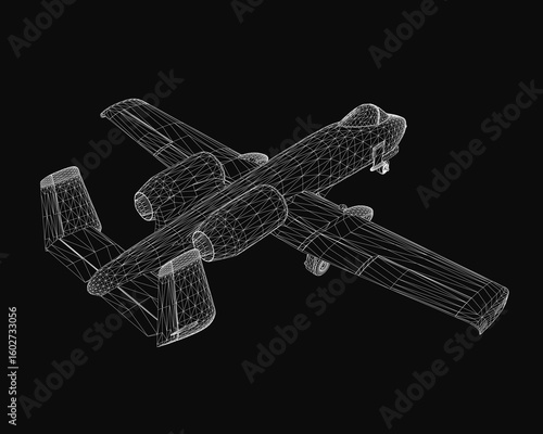 A 3D wireframe model of a combat aircraft with detailed wings, tail, and cockpit stands out against a black background. The white lines create a striking contrast.
