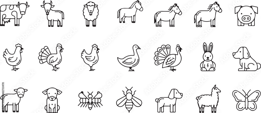 Fototapeta premium Collection of hand drawn farm and forest animals isolated on transparent background