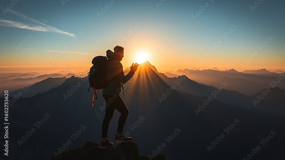 Fototapeta premium Silhouette of mountain climber at sunrise with dramatic landscape