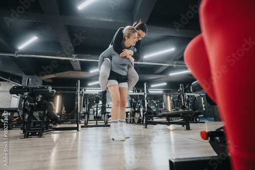 Two active women engage in fitness training in a gym facility, capturing teamwork and personal training through high-end workout equipment.