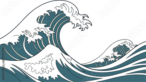 A stylized depiction of powerful cresting ocean waves in a traditional japanese art style with a white background
