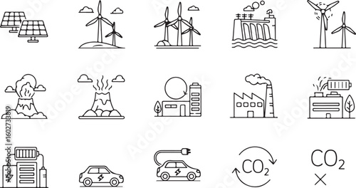 Collection of hand drawn eco friendly energy icons isolated on transparent background