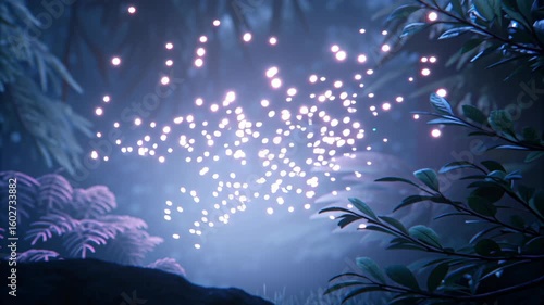 Luminous floral splendor near majestic waterfall concept. A mystical forest scene with glowing lights floating among lush, vibrant plants in a dreamy, magical atmosphere.