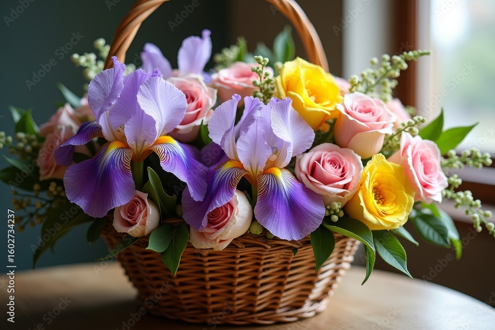 Obraz premium Close up of a full wicker basket featuring purple iris, pink rose bud, and yellow floribunda flower. A beautiful floral arrangement concept for holiday celebration.