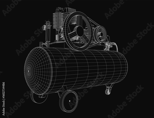 A detailed 3D wireframe model of a steam engine compressor on a black background highlights intricate mechanical components. The blueprint-style rendering showcases pistons, valves.